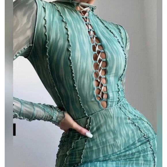 House Of CB Dress XS Dylan Green Colour Ivy Printed Mesh Lace Up Mini Sexy Party - Picture 4 of 16